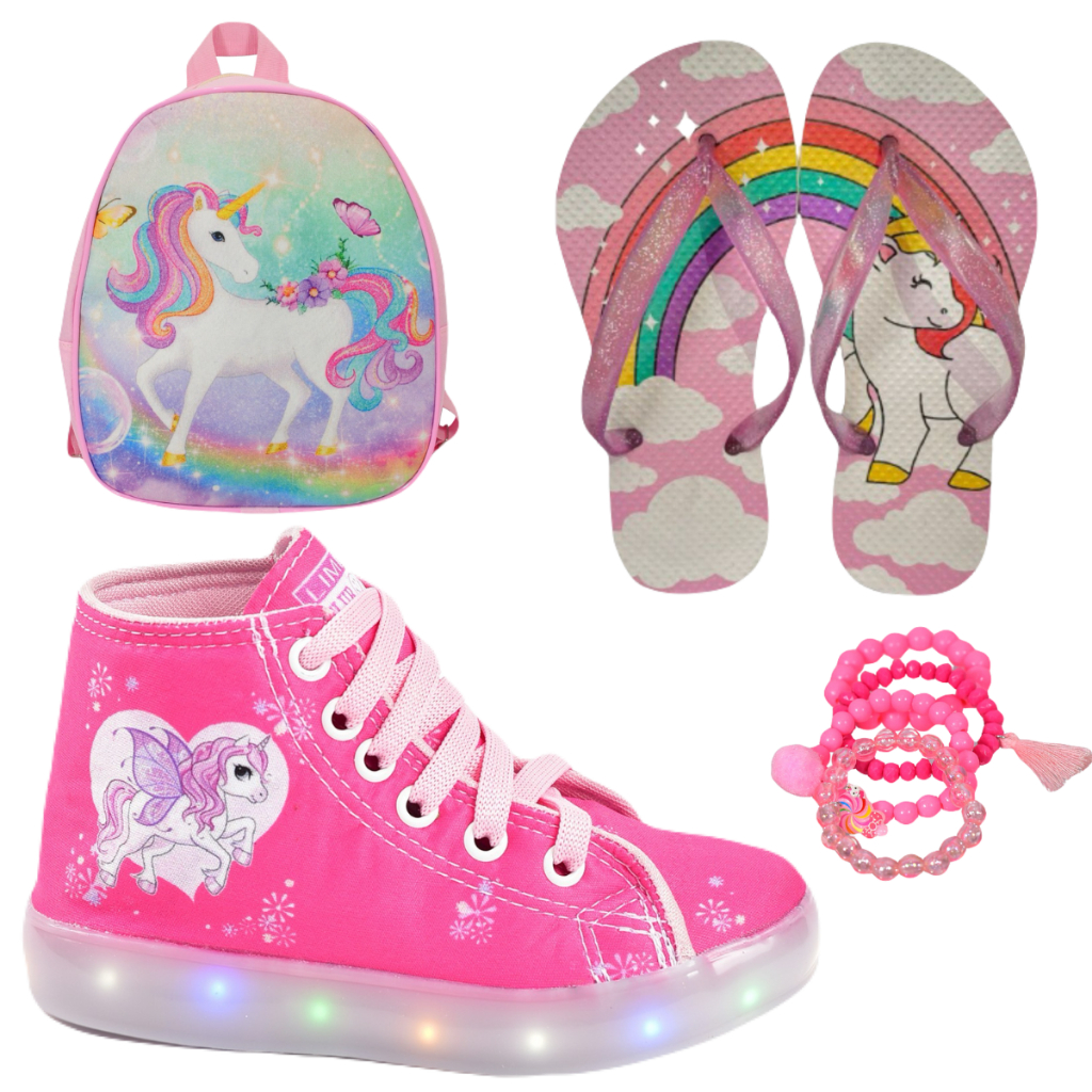 Tênis Led Infantil Feminino Unicórnio Estilosa Rosa Preta + Mochila Unic Chinelo Pulseira
