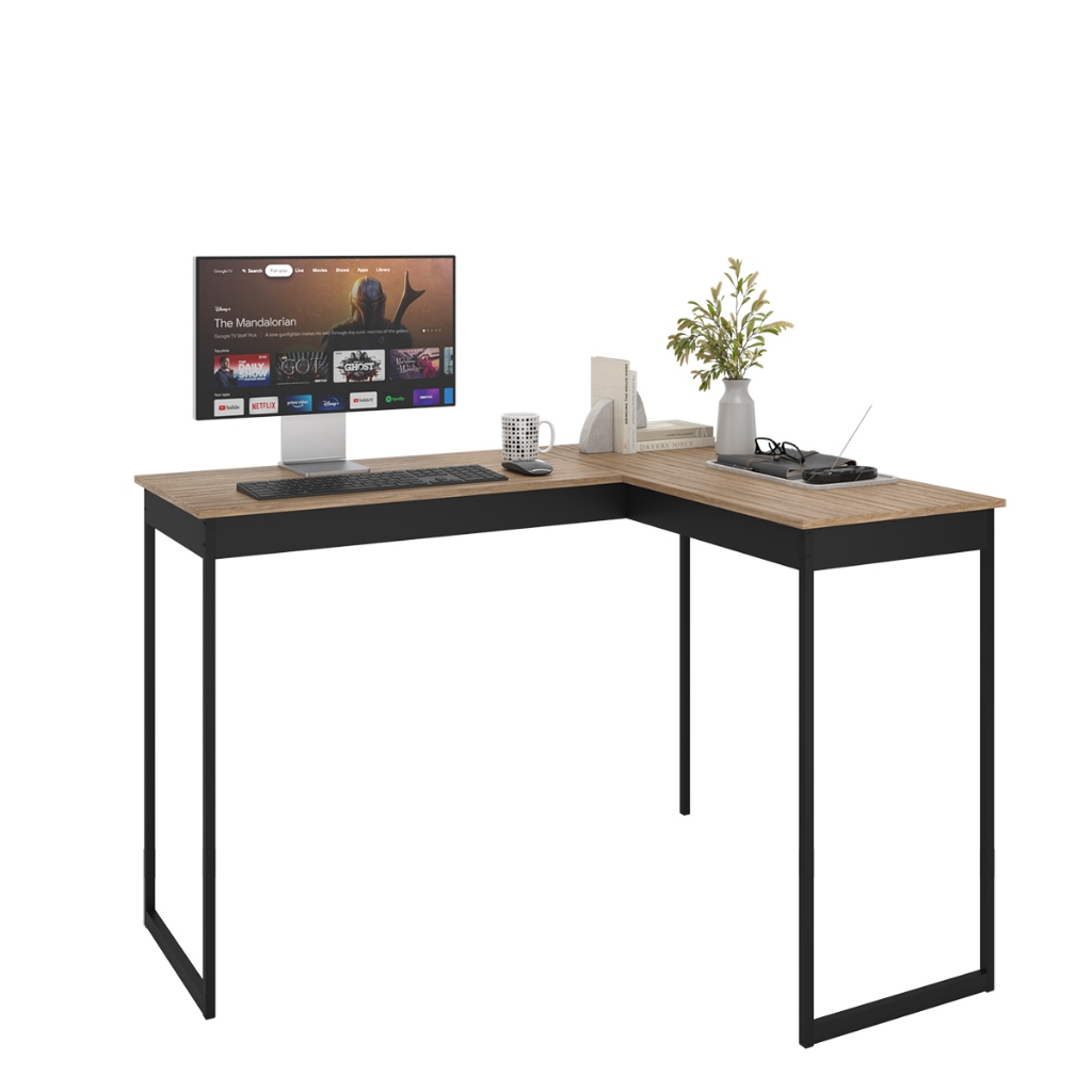 Escrivaninha Mesa de Canto Escritório Home Office em L 110cm Apoio Industrial Pés Preto Ta...