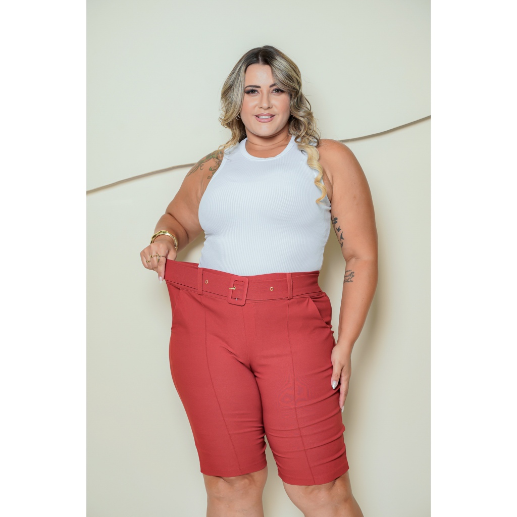 Bermuda Feminina Plus Size Social Com Bolsos e Cinto Tecido Modelador Levanta Bumbum Super Luxuoso em Oferta na Shopee