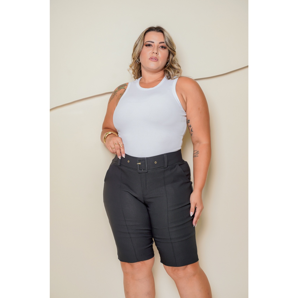 Bermuda Social Feminina Plus Size Bengaline Com Cinto E Bolsos Faca Super Luxo Levanta Bumbum em Oferta na Shopee