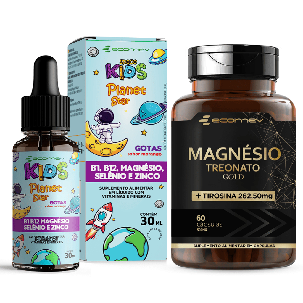 KIt Saude Pais e Filho Vitamina Infantil Foco Kids + Magnesio Treonato + L Tirosina Ecomev