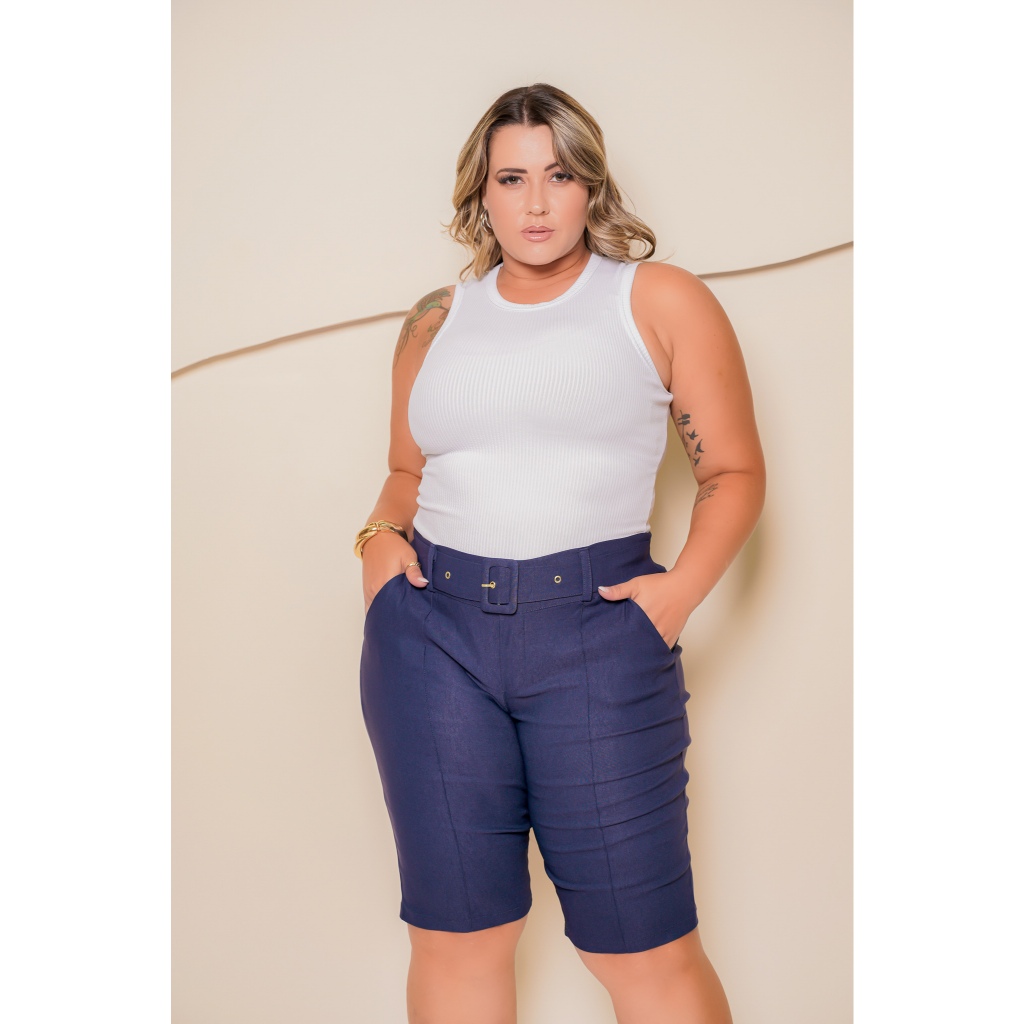 Bermuda Plus Size Moda Feminina Plus Size Levanta Bumbum Reduz Pochete Com Cinto e Bolso