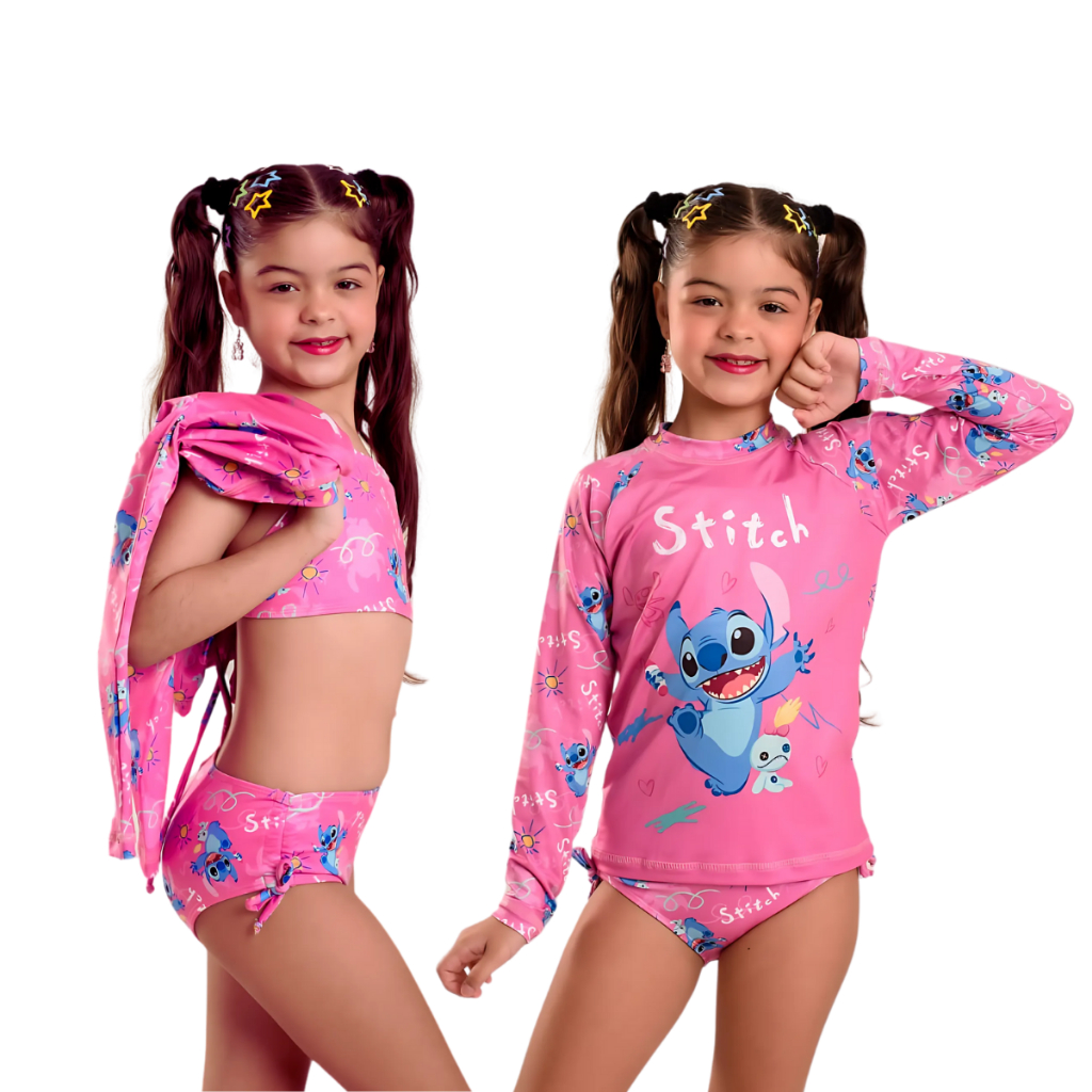 Kit Conjunto 3 Peças Biquíni E Blusa Proteção Uv 50+ Infantil Juvenil 2 ao 14