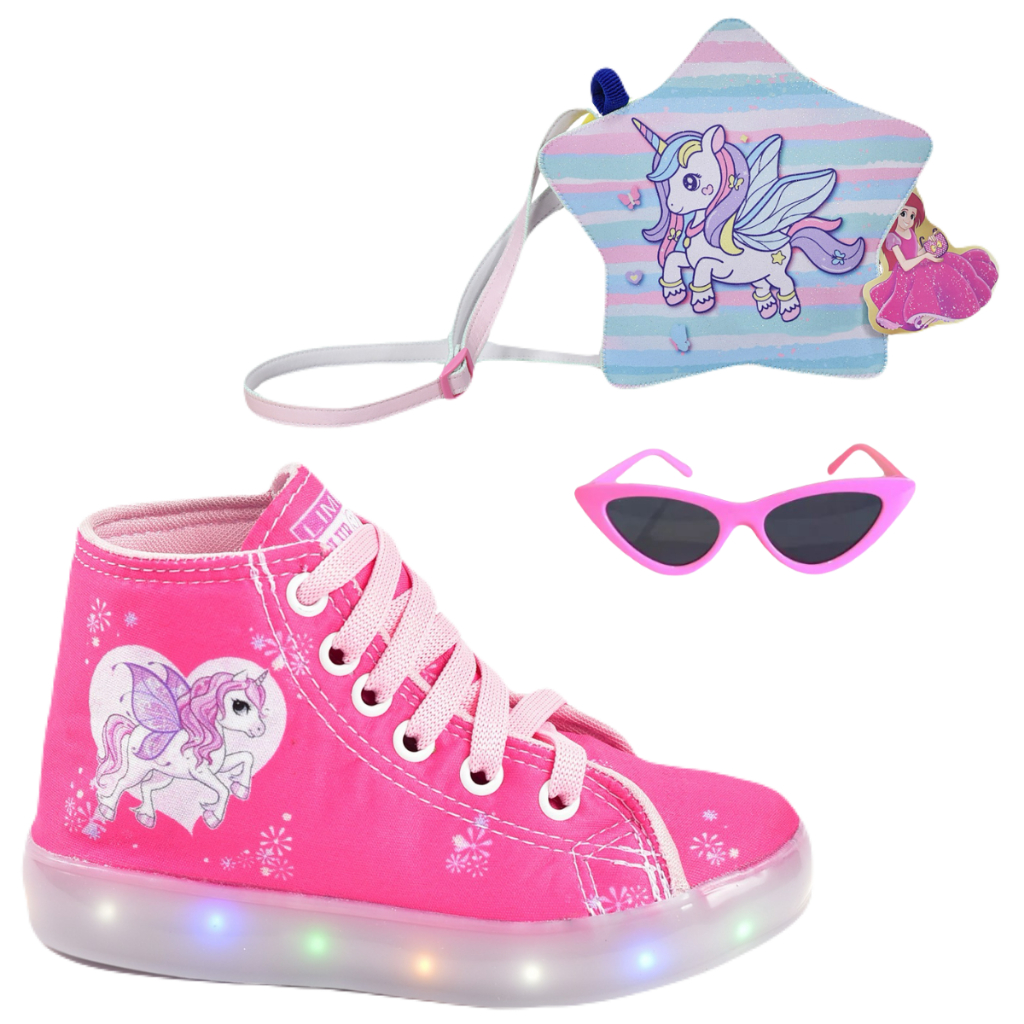Tênis Feminino Infantil Led Unicórnio Cano Alto Botinha Rosa Preto +Óculos Bolsa Unic