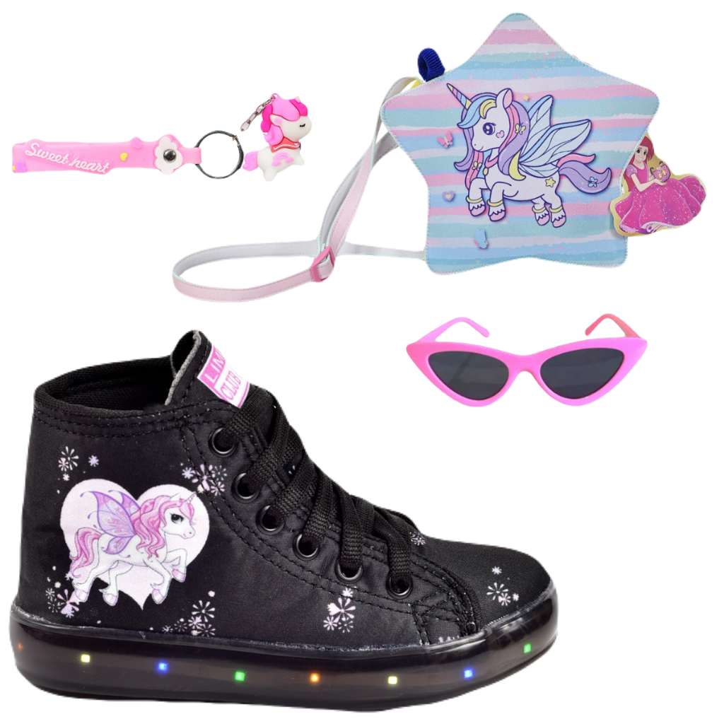 Tênis Feminino Infantil Led Unicórnio Cano Alto Botinha Rosa Preto +Óculos Chaveiro Bolsa Unic