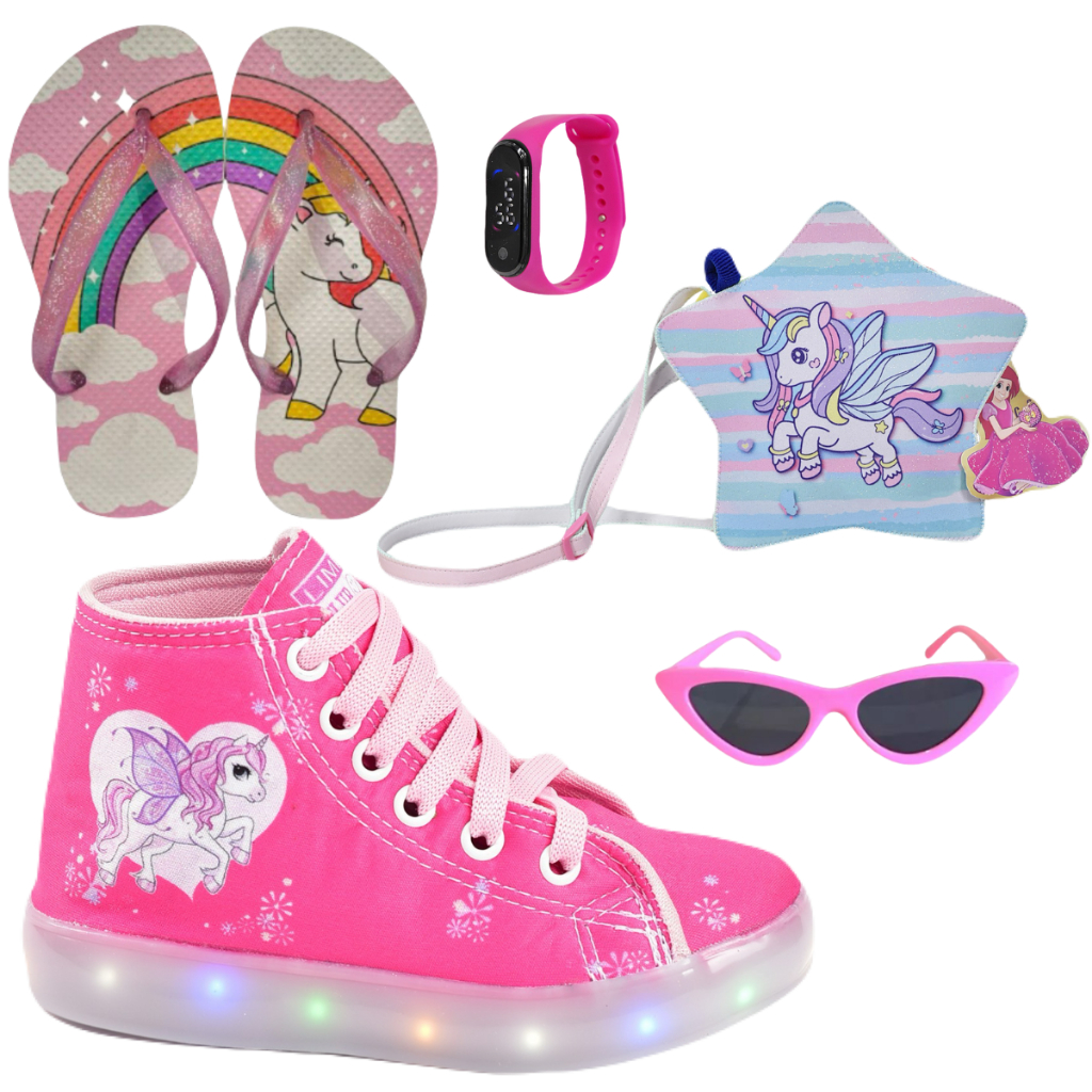 Tênis Feminino Infantil Led Unicórnio Cano Alto Botinha +Chinelo Óculos Relógio Bolsa Unic