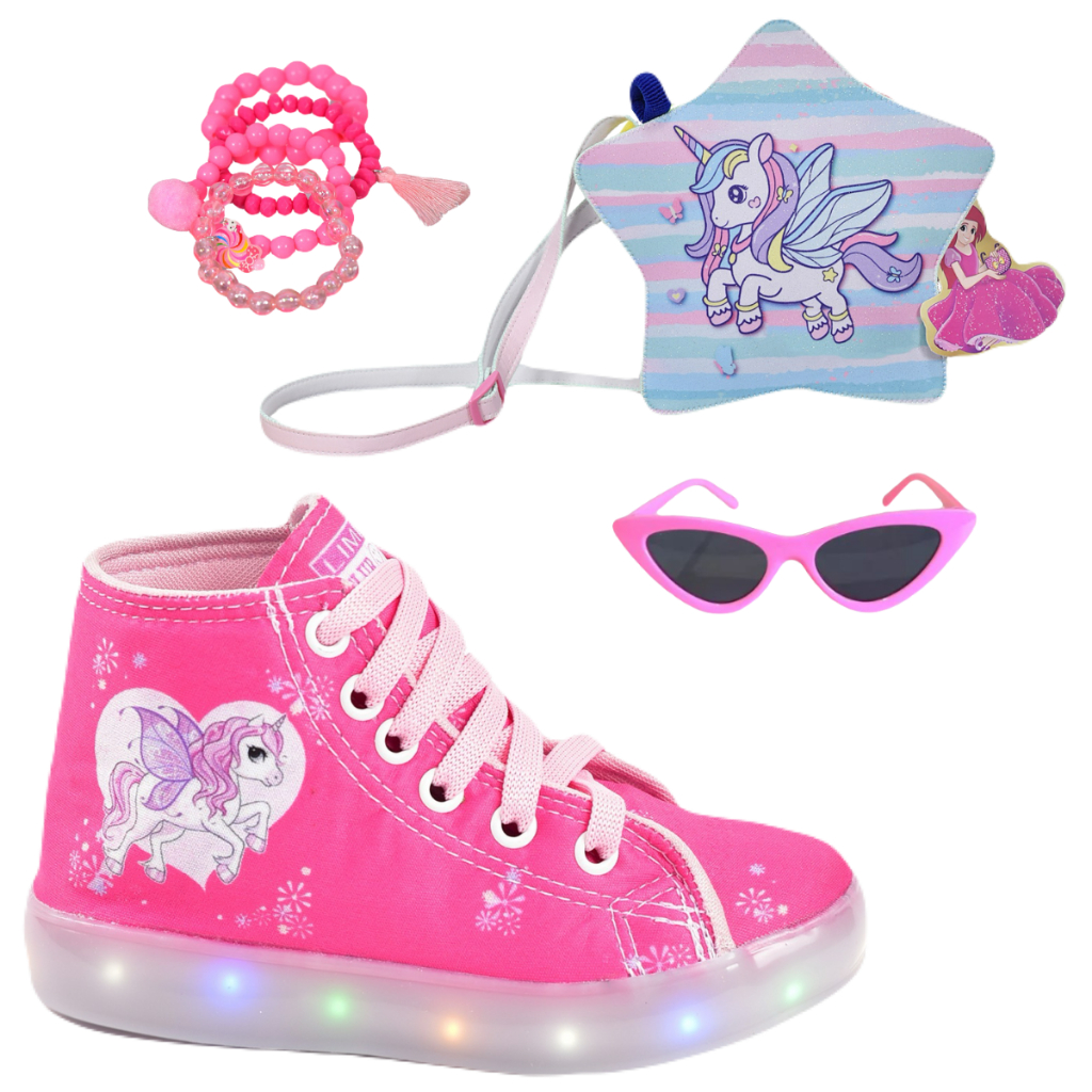 Tênis Feminino Infantil Led Unicórnio Cano Alto Botinha Rosa Preto +Óculos Pulseira Bolsa Unic
