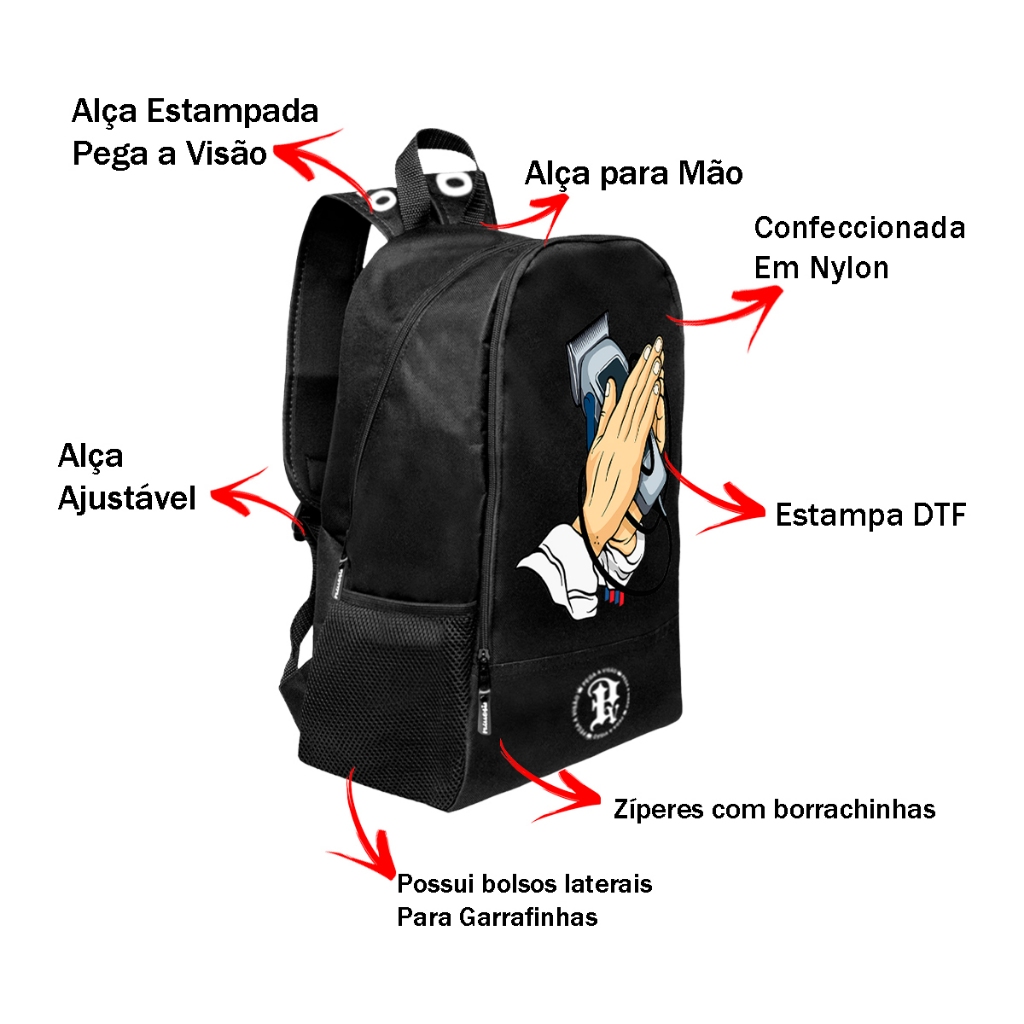 Mochila Masculina Escolar Trabalho Basica Pega a Visão Estampado Nylon Resistente Barbearia Maquina — imagem 2 de 2