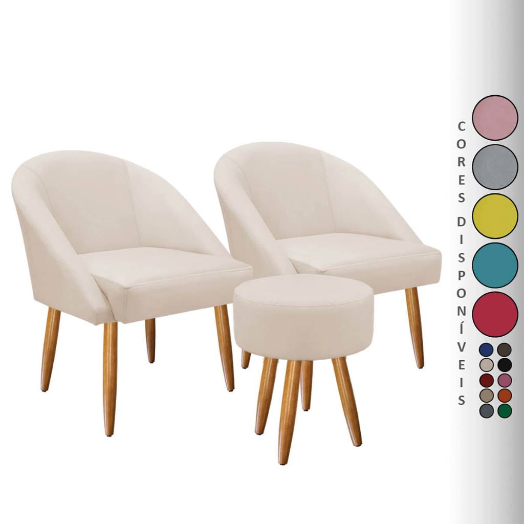 Kit 02 Poltronas Lua e 01 Puff Redondo para Sala Decorativa Pés Palito Suede Aninha Decor