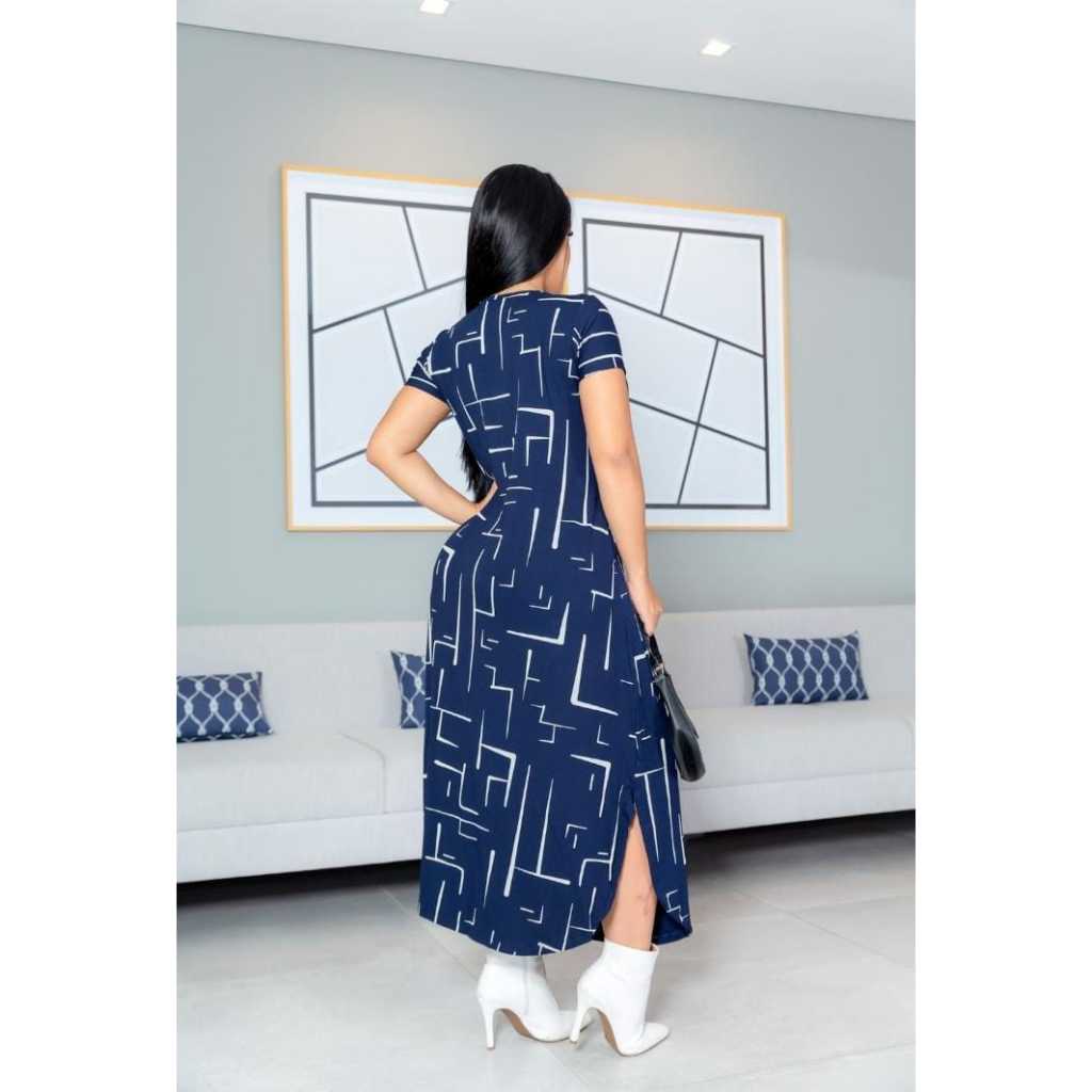 VESTIDO FEMININO LONGO DE MANGA CURTA ESTAMPA GEOMÉTRICA
