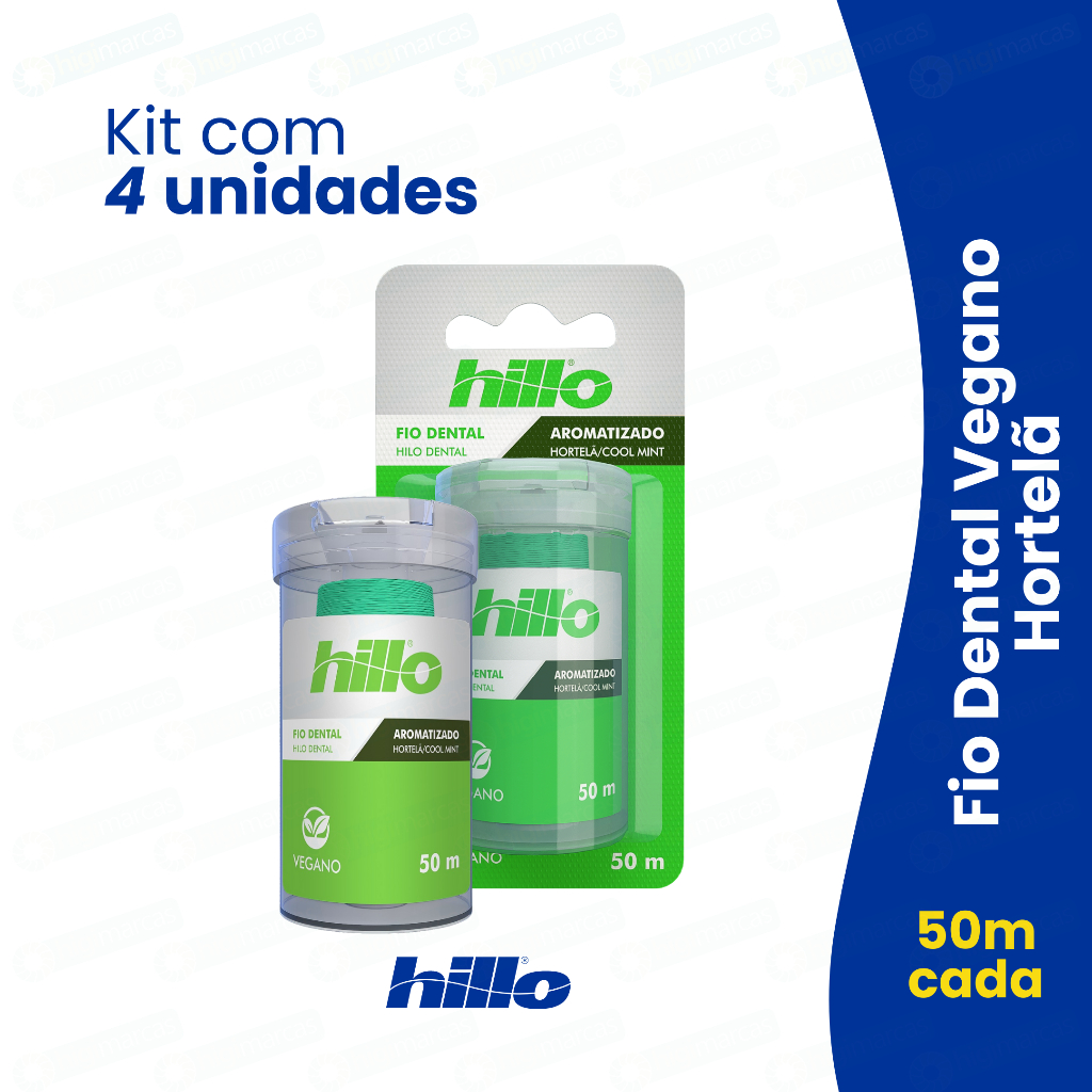 Kit 4 Fio Dental Hortelã Vegano 50 Metros Sabor Refrescante Econômico Hillo Natural Brinde