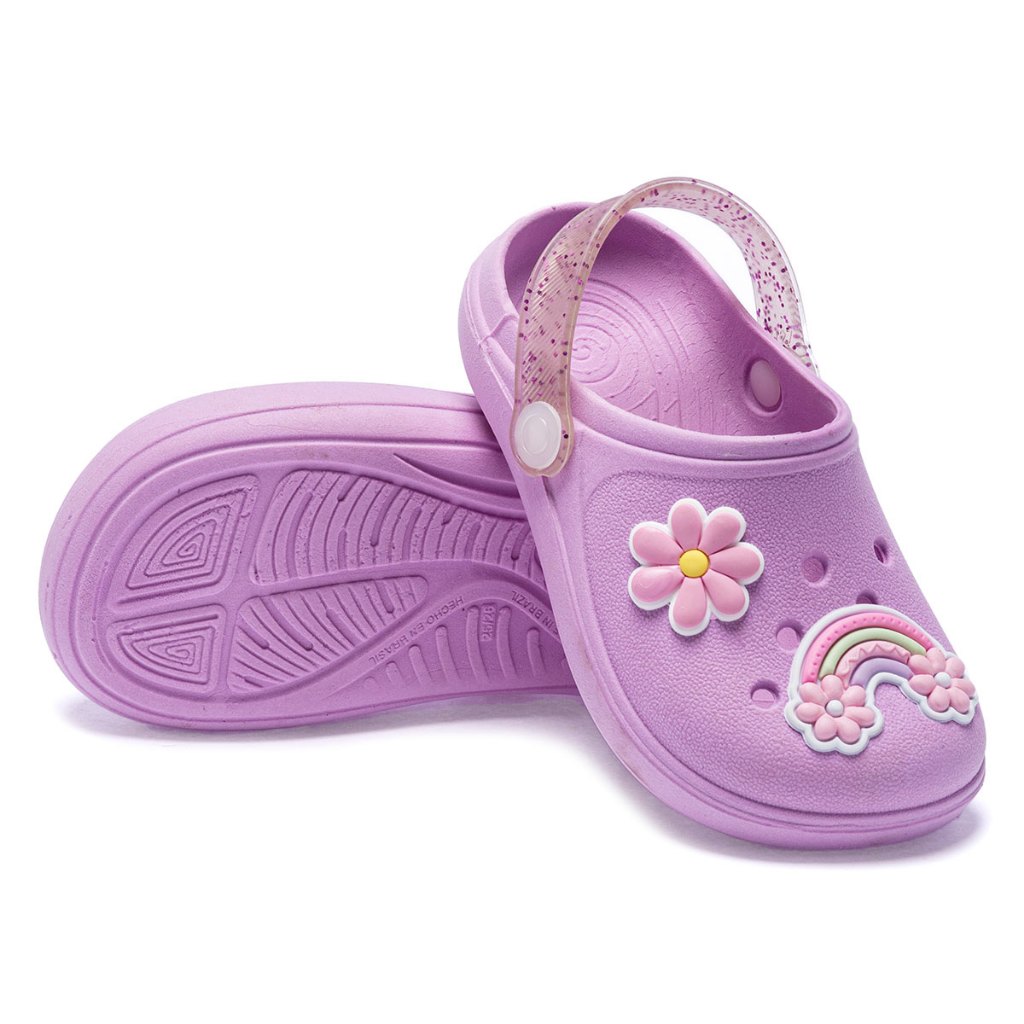 Sandália Babuche Infantil Menina de Fivela Glitter Casual Enfeite Flor + Arco Íris Leve Macio Verão