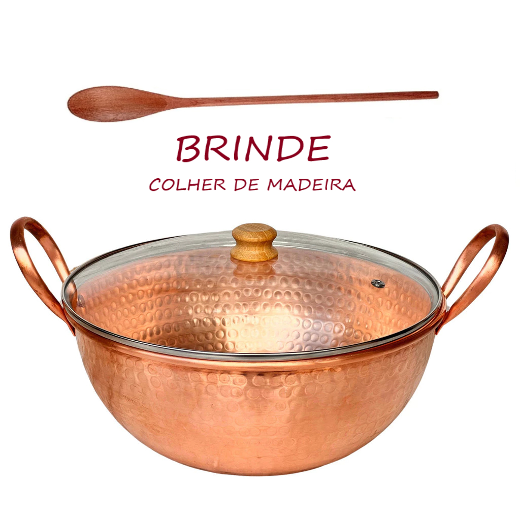 Tacho De Cobre Puro 2 Litros Alças Em Cobre Com Tampa De Vidro Temperado em Oferta na Shopee