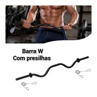 Barra W musculação 1,16m com par de presilhas academia