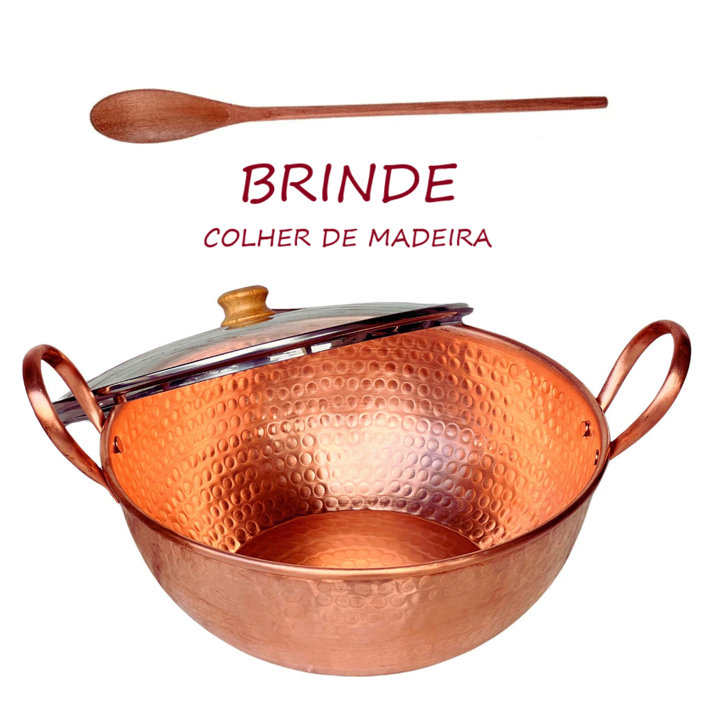 Tacho De Cobre Puro 10 Litros Alças Em Cobre Com Tampa De Vidro Temperado + Colher De Madeira