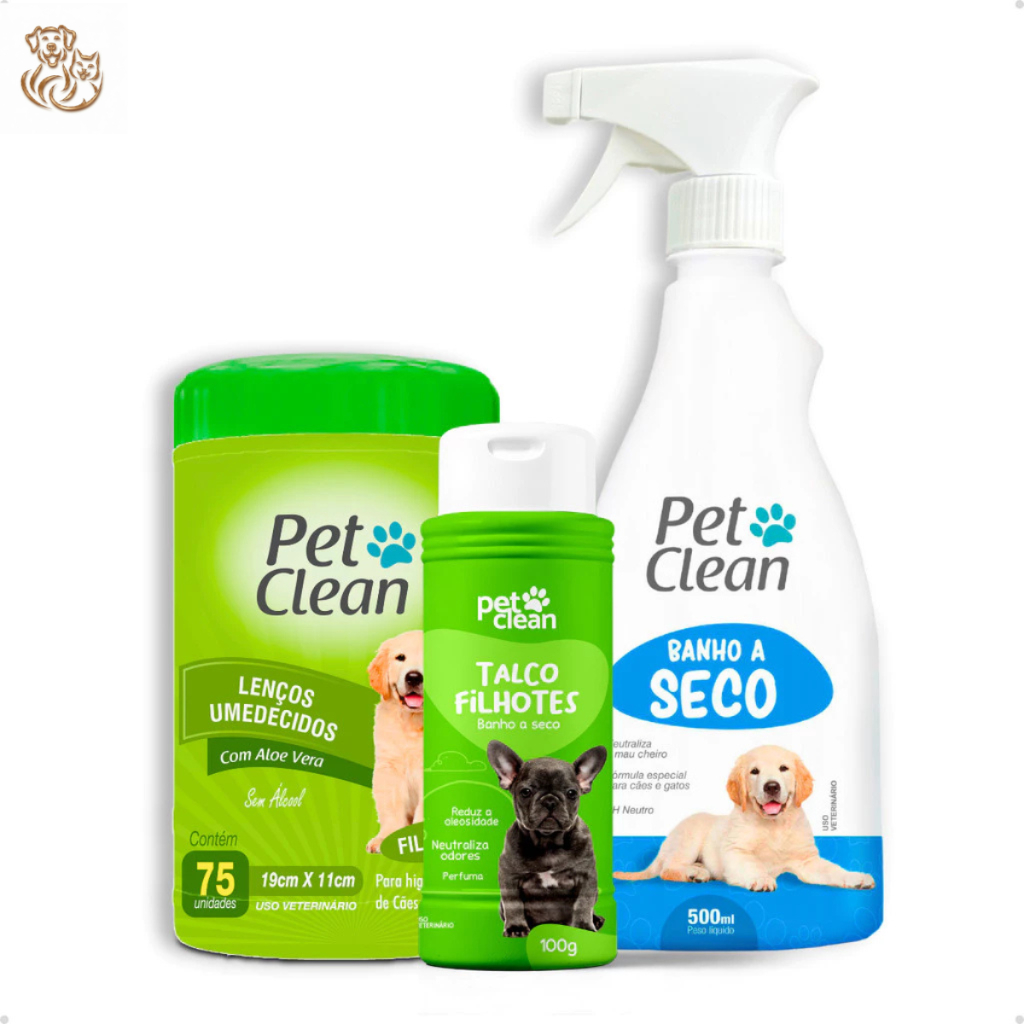 Kit Banho a Seco sem Enxágue 500ml + Talco 100g + Lenço Umedecido 75 unid - Pet Clean