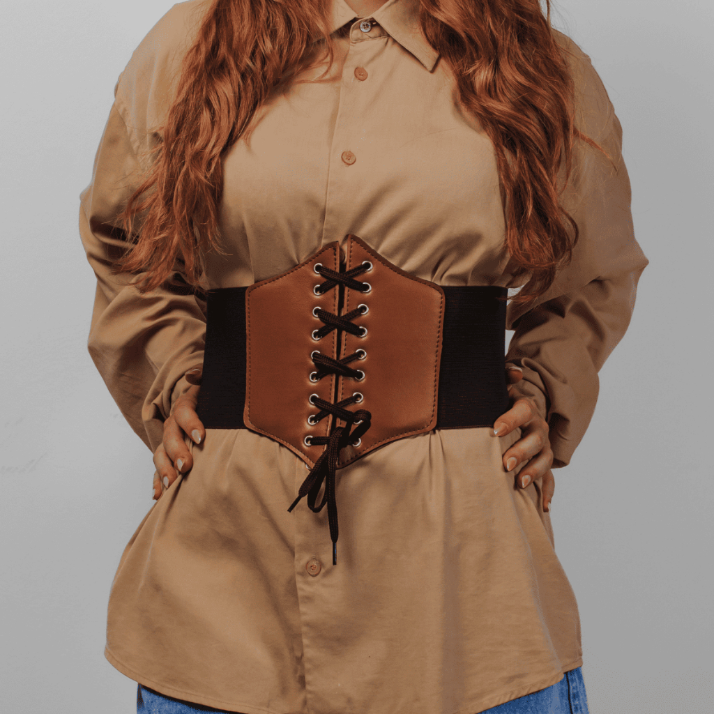 Coset Espartilho Corpete Corselet Couro Sintético Premium Afina Cintura Marrom Off