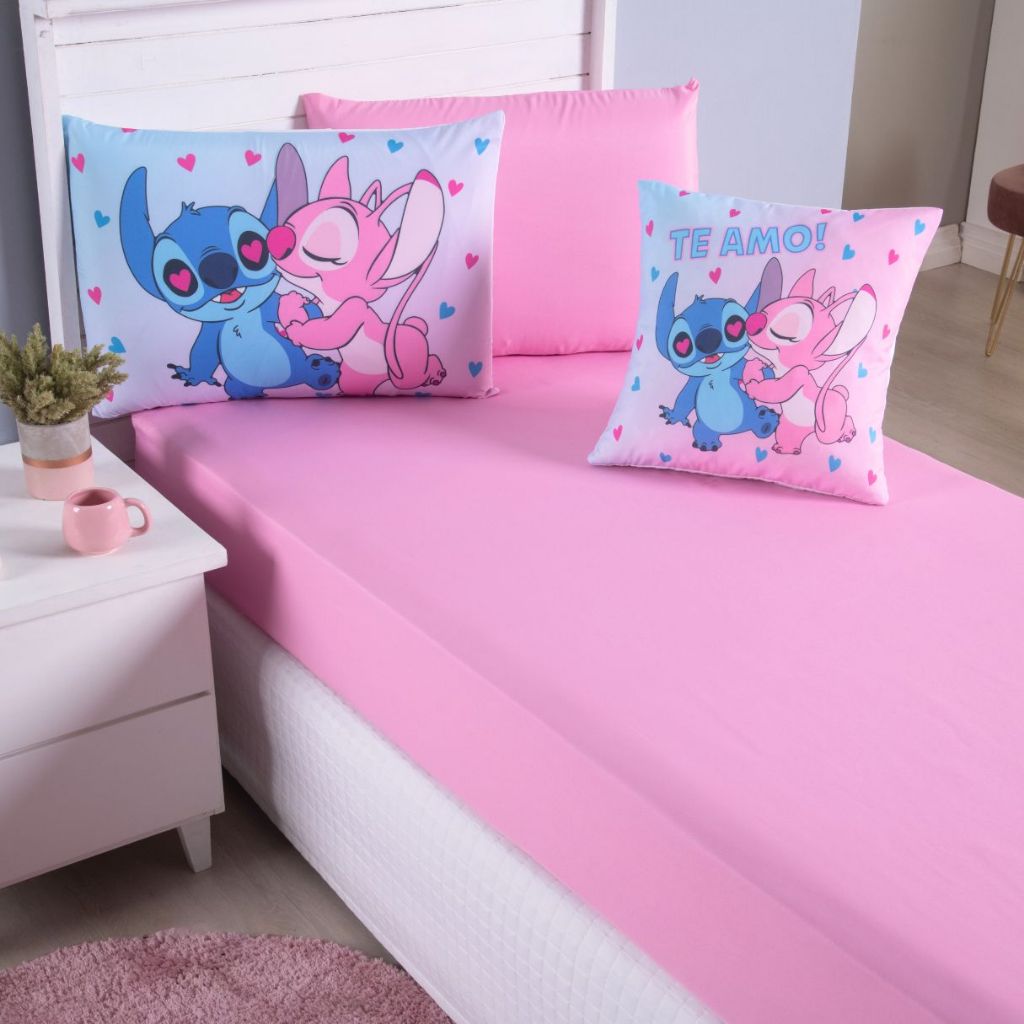Jogo Lençol Roupa Cama Solteiro Elastico 4 Pçs Fronha Infantil Personagem Quarto Menina Stich Rosa
