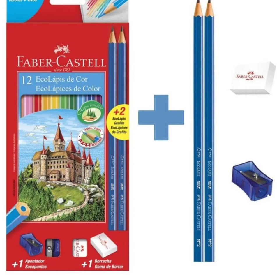 FABER CASTEL Lápis de Cor Kit Escolar 12 Cores + 2 Lápis Max + Apontador + Borracha.