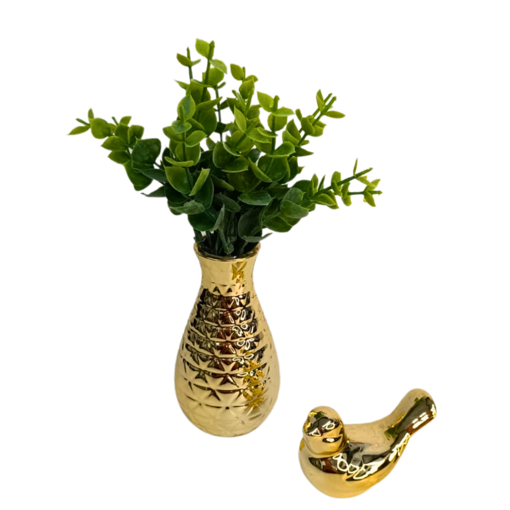 Conjunto Vasinho Vaso Cachepo Com Planta E Pássaro Decoração