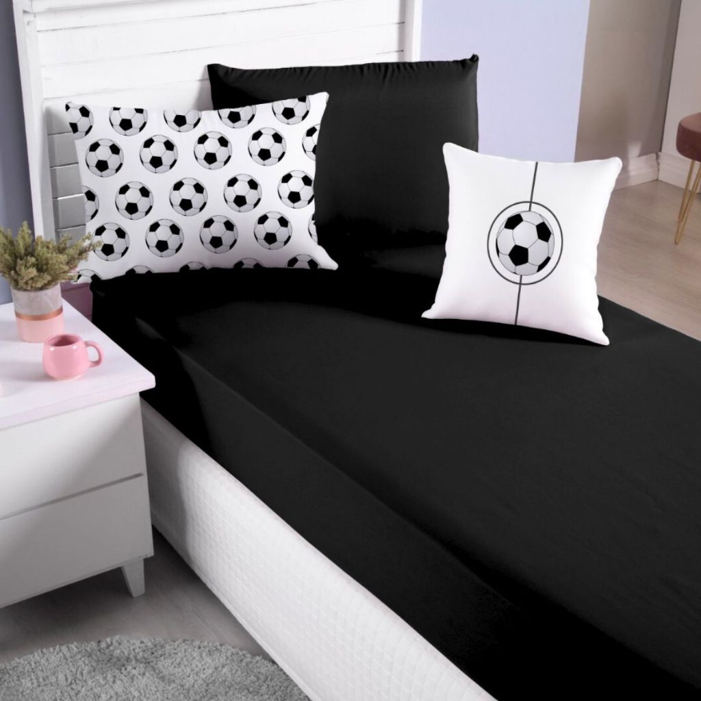 Jogo Lençol Roupa Cama Solteiro Elastico 4 Pçs Fronha Quarto Criança Menino Futebol Preto Macio Luxo
