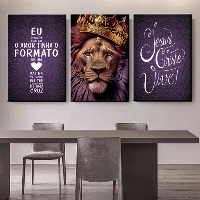 Quadro Kit 3 Peças Decorativo Leão Rei Jesus Cristo Vive Realeza Decoração Placa Mdf 4K Full HD