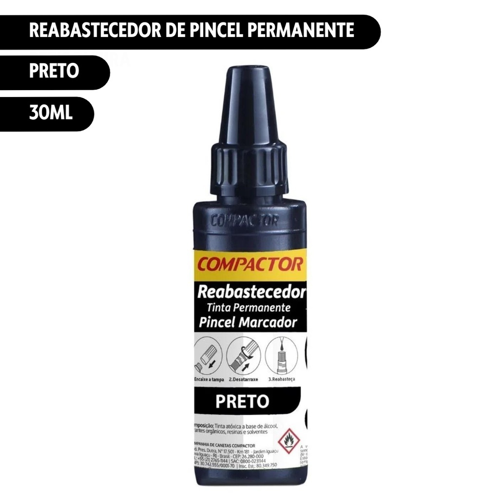 Tinta Reabastecedor Compactor 30ml Preto para Pincel Permanente