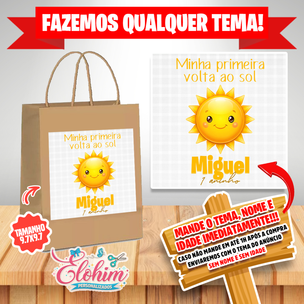 Rótulo Adesivo para personalizar sacolas Kraft / Craft -Primeira volta ao sol