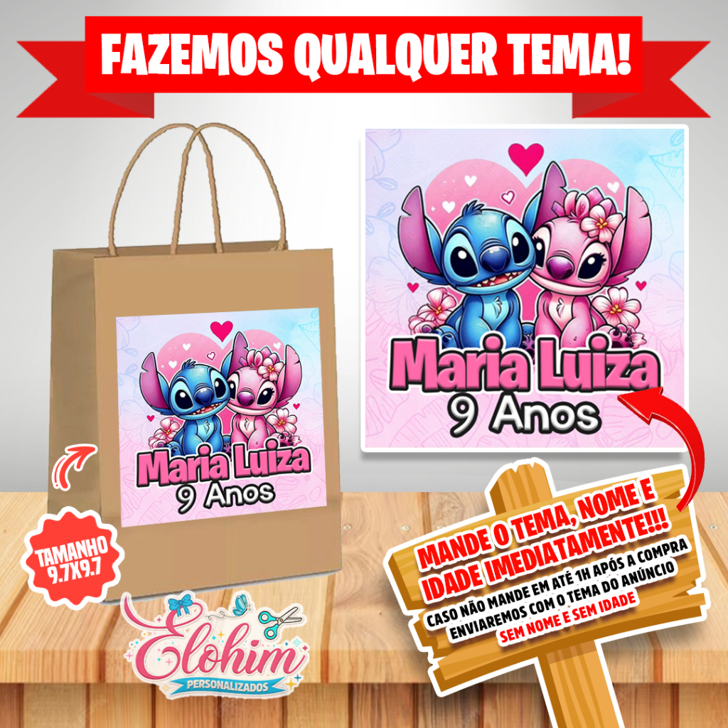 Rótulo Adesivo para personalizar sacolas Kraft / Craft - Stitch e Angel