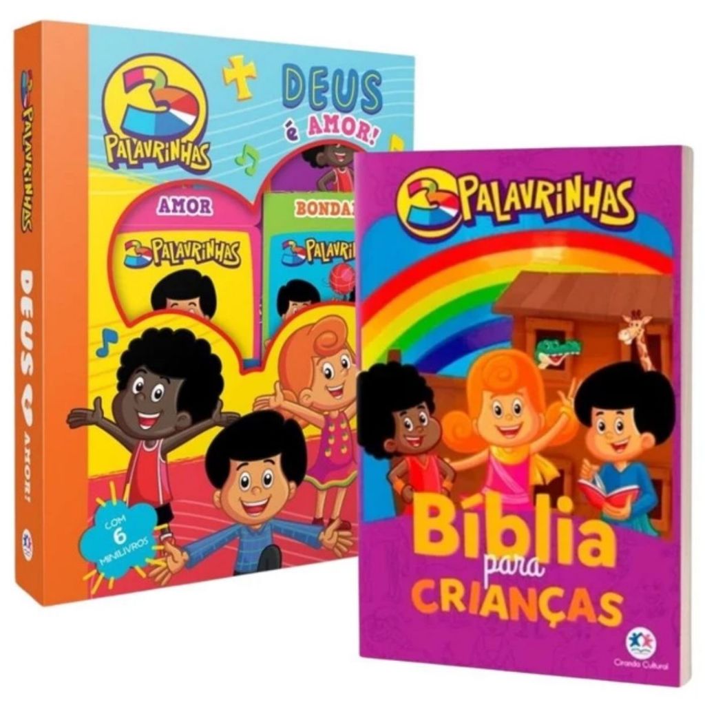 Kit 2 Livros Infantis | Bíblia para crianças 3 Palavrinhas + Box com 6 Minilivros 3 Palavrinhas Deus é amor em Oferta na Shopee