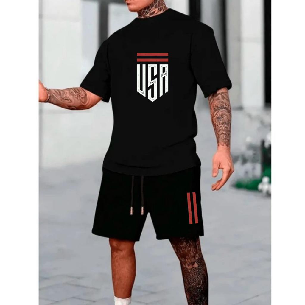 Conjunto Bermuda Moletom + Camiseta 100% Algodão Masculina Streetwear Kit - Lançamento