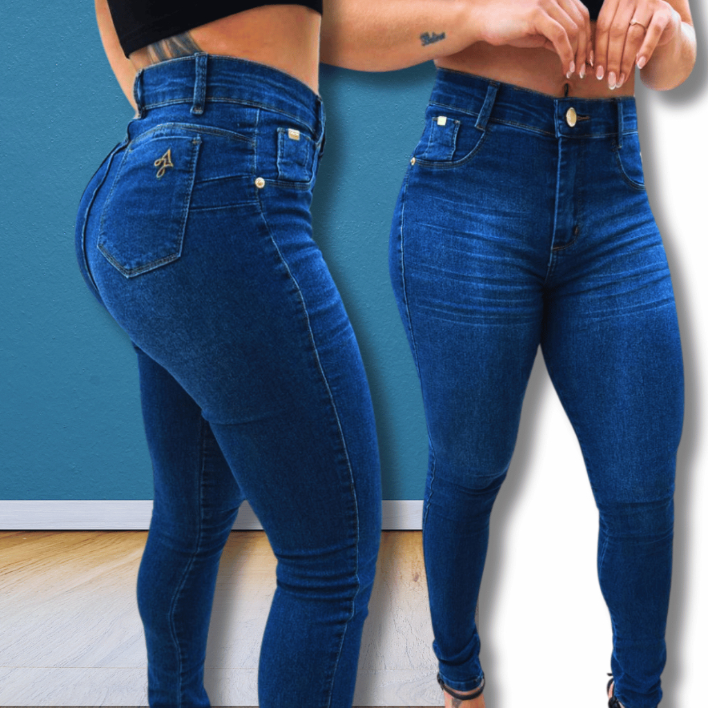 Calça Feminina Skinny Bigode AJ Azul Elastano Cintura Alta Efeito Levanta Bumbum