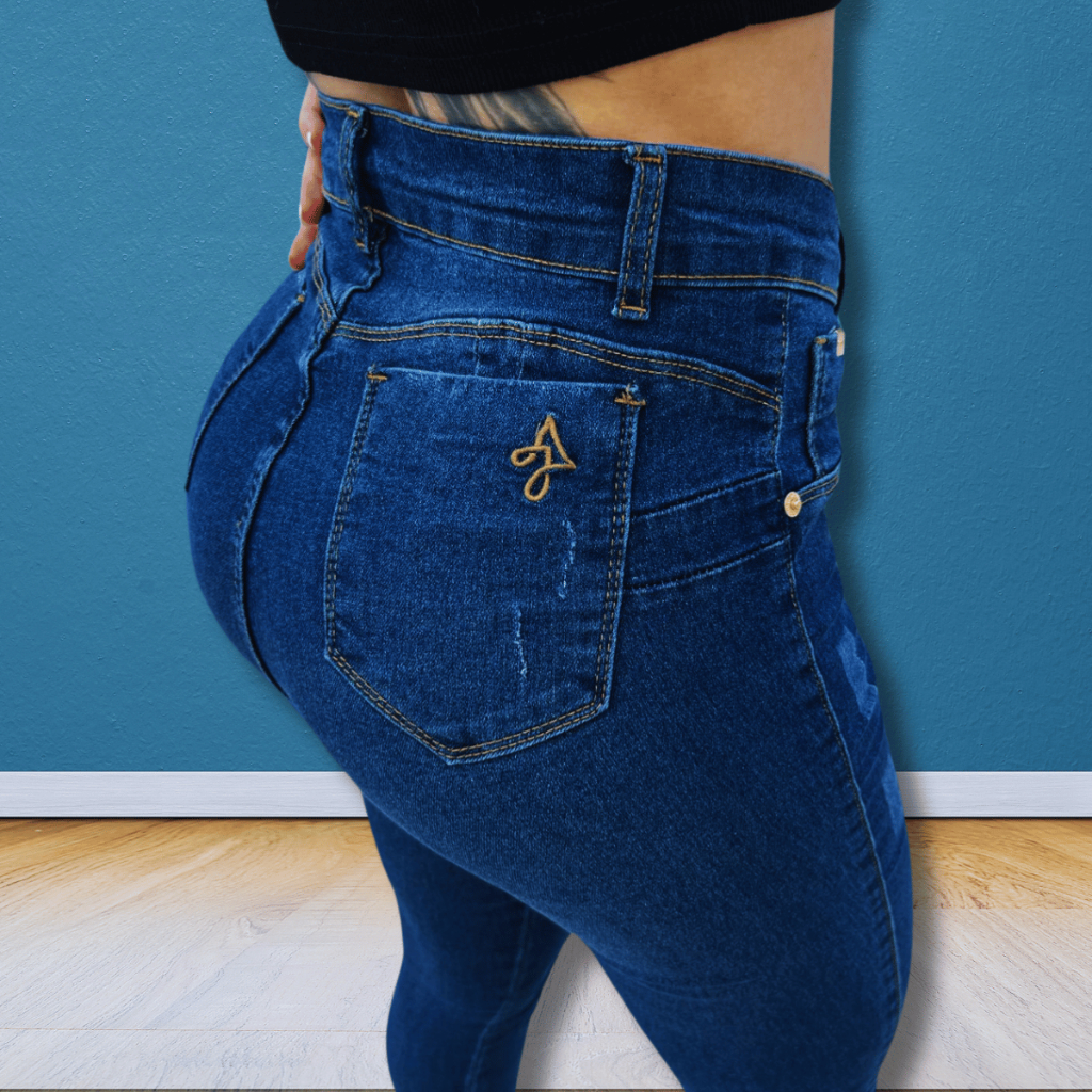 Calça Feminina Skinny Puido Azul AJElastano Cintura Alta Efeito Levanta Bumbum — imagem 2 de 2