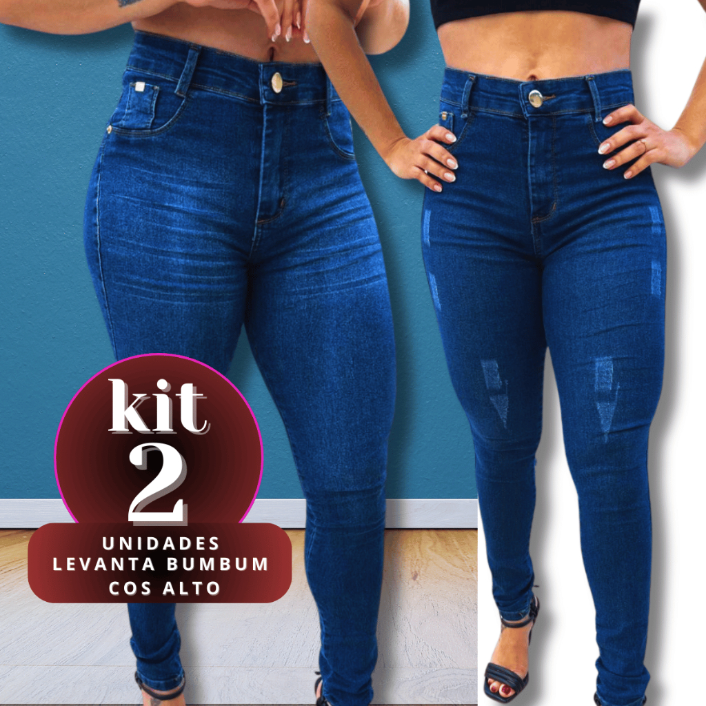 Kit 2 Calças Feminina Skinny Puido Azul e Bigode AJ Elastano Cintura Alta Efeito Levanta Bumbum