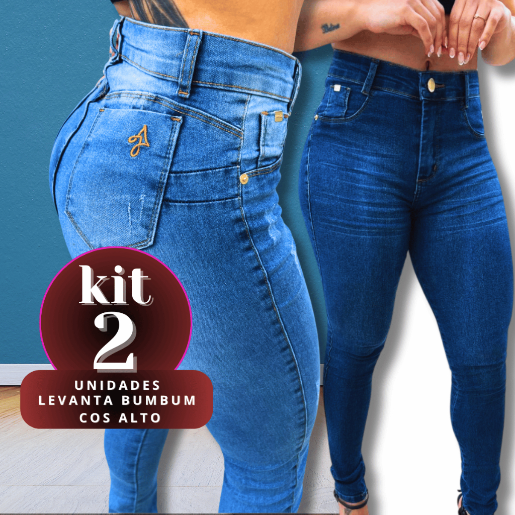 Kit 2 Calças Feminina Skinny clara e Bigode Azul AJ Elastano Cintura Alta Efeito Levanta Bumbum