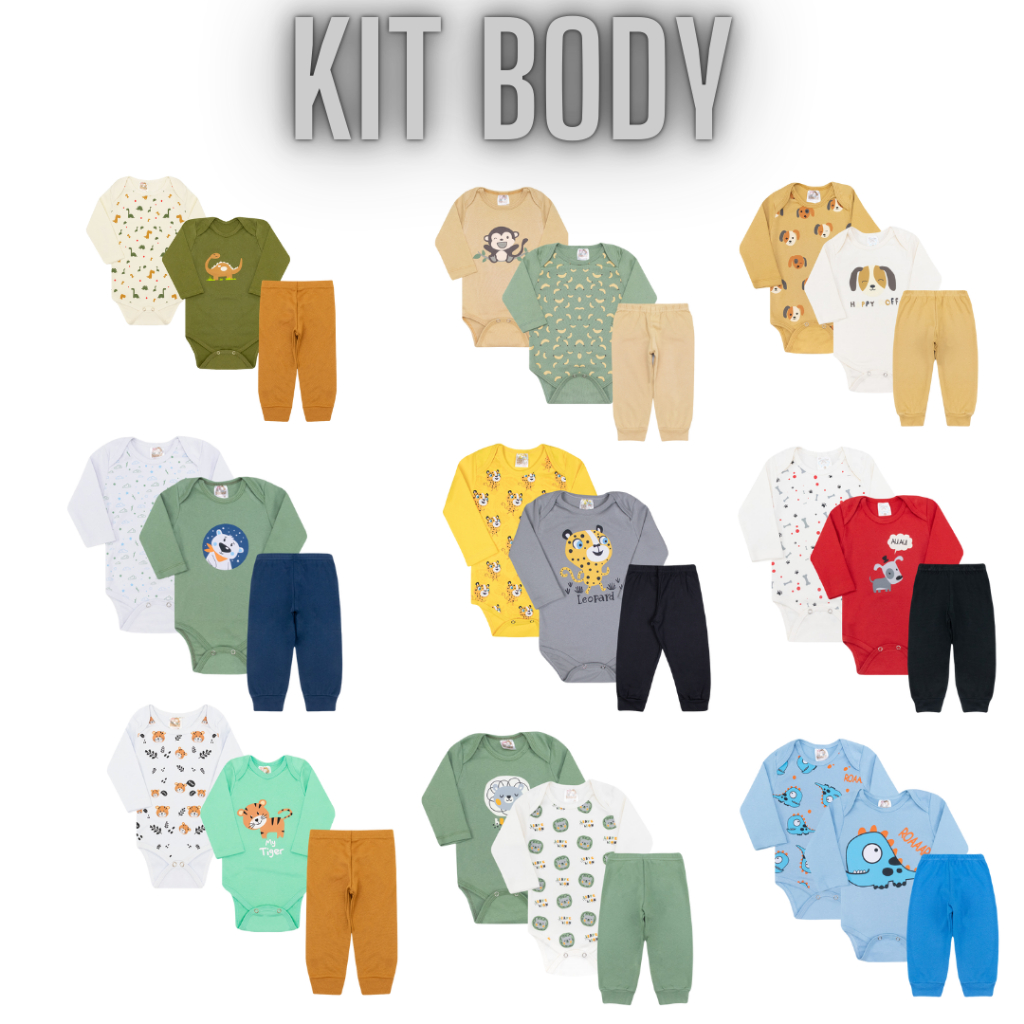 Kit Body Bebê 3 Peças Longo para bebê  Conjunto Menino
