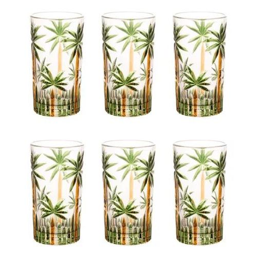 Jogo 6 Copos Altos Cristal Palm Tree Coqueiro Handpaint 360 Ml Suco Agua festa Palmeira Wolff