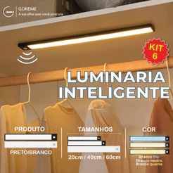 Kit 6 Smart Luminária Inteligente Ultra LED com sensor de movimento sem fio e Recarregável USB fino barra 20/40/60cm