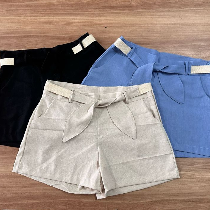 Short Feminino Linho Social com Tiras Bolsos Laterais Cintura Alta