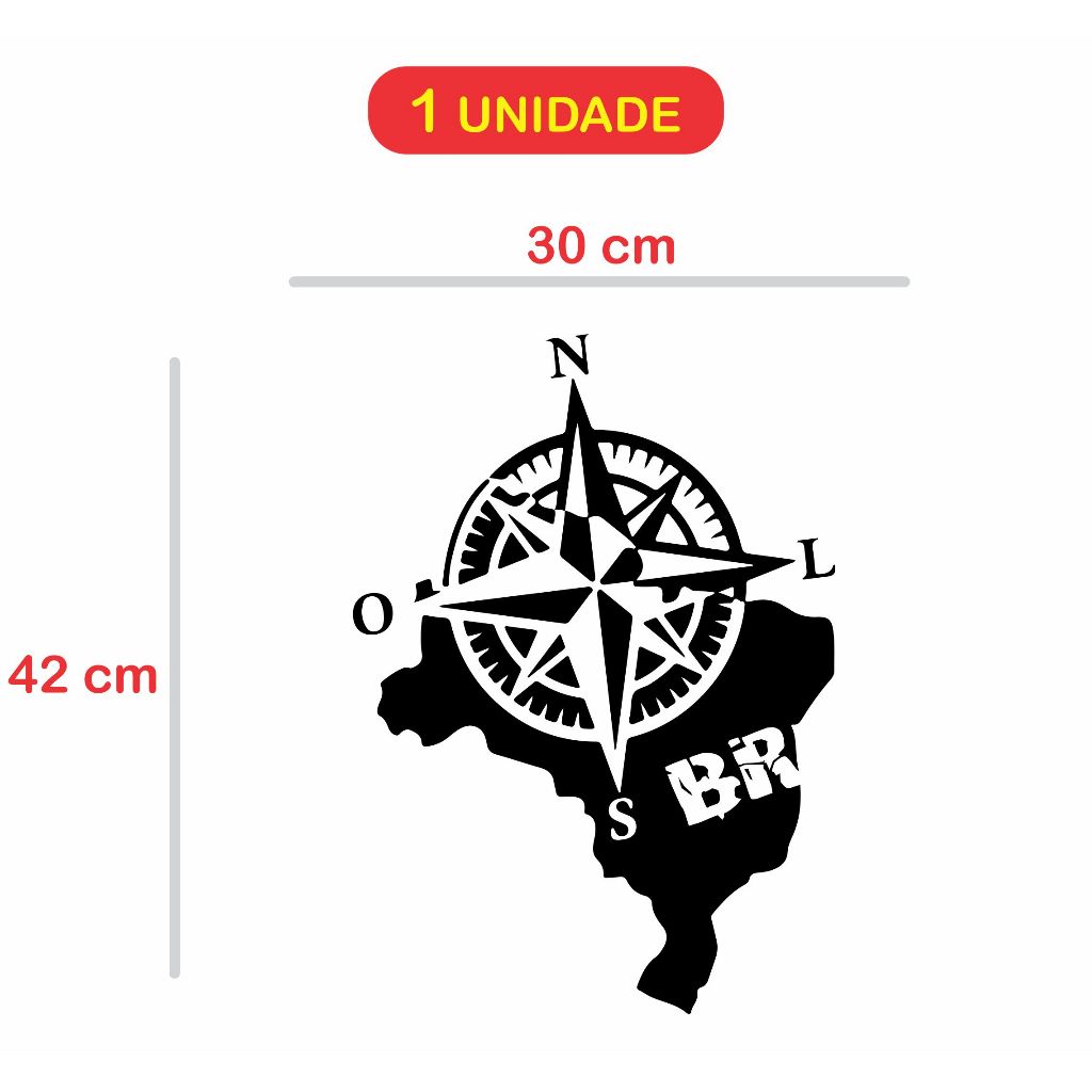 Adesivo Bússola Rosa Dos Ventos Mapa do Brasil unidade - tamanhos