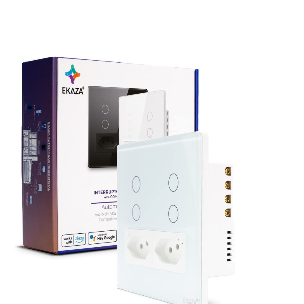 Ekaza Interruptor Wifi Inteligente 4 Botões 4x4 C/tomada Branco ou Preto compativel com Alexa