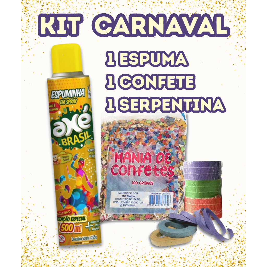 Kit Carnaval 2026: Espuma 500ml + Confete 100g + Serpentina – Festa, Bloquinho, Frete Rápido!