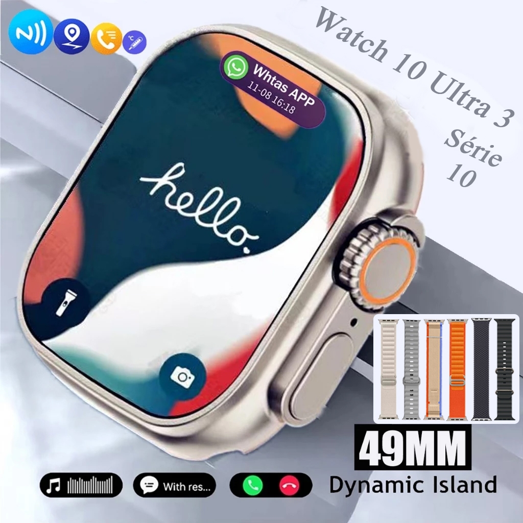 Relógio Inteligente Smartwatch Watch 10 Ultra 49mm com NFC + 3 Pulseiras, Chamada Bluetooth, Medição de Temperatura GPS