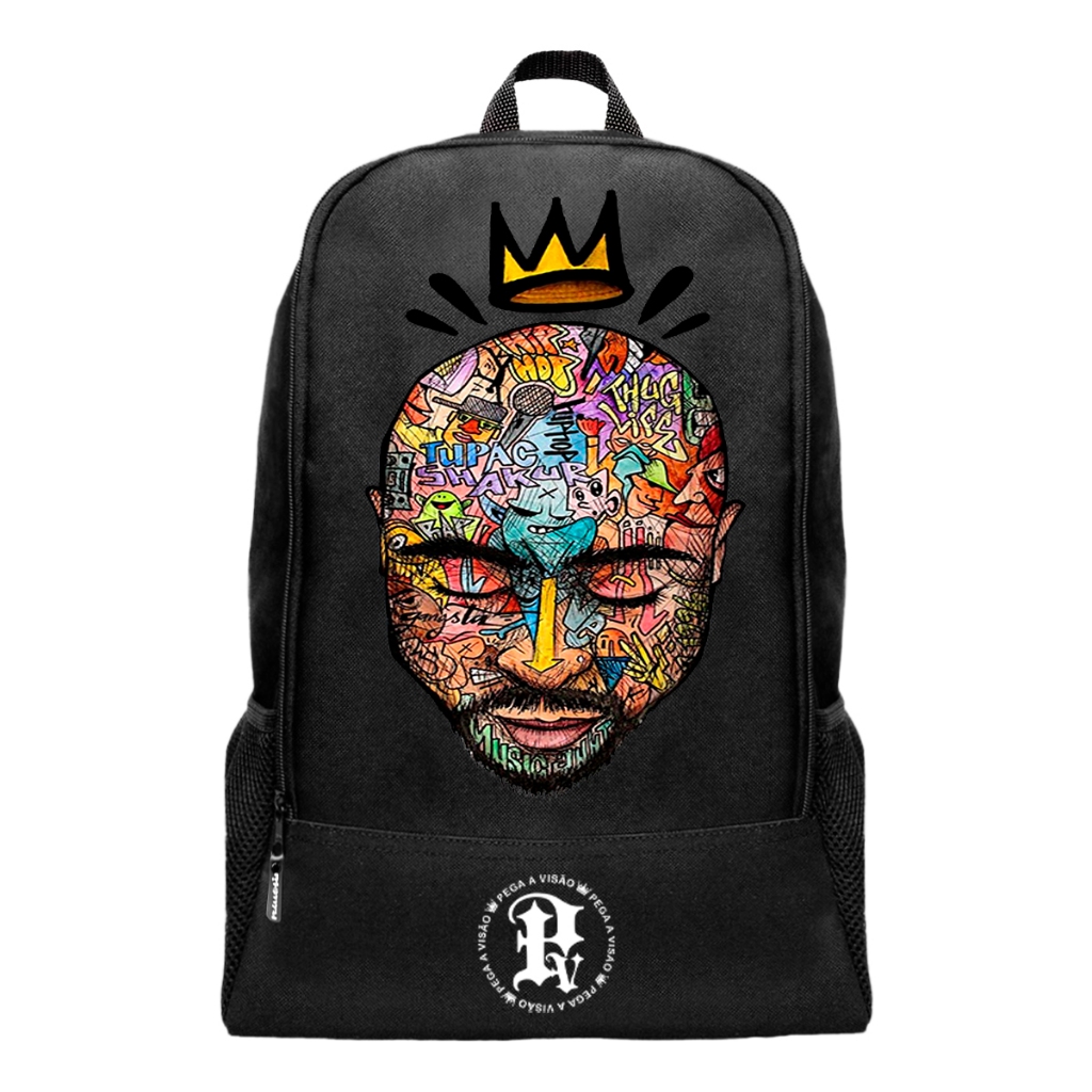 Mochila Masculina Escolar Trabalho Basica Pega a Visão Estampado Nylon Resistente Tupac Grafite