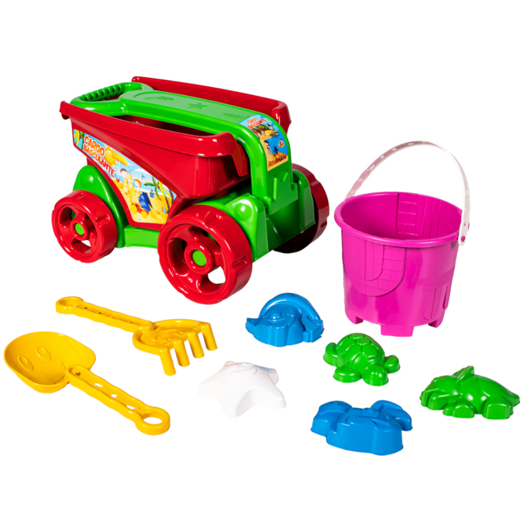 Carrinho de praia infantil - com balde e acessórios e cores sortidas - com alça - diversão praia