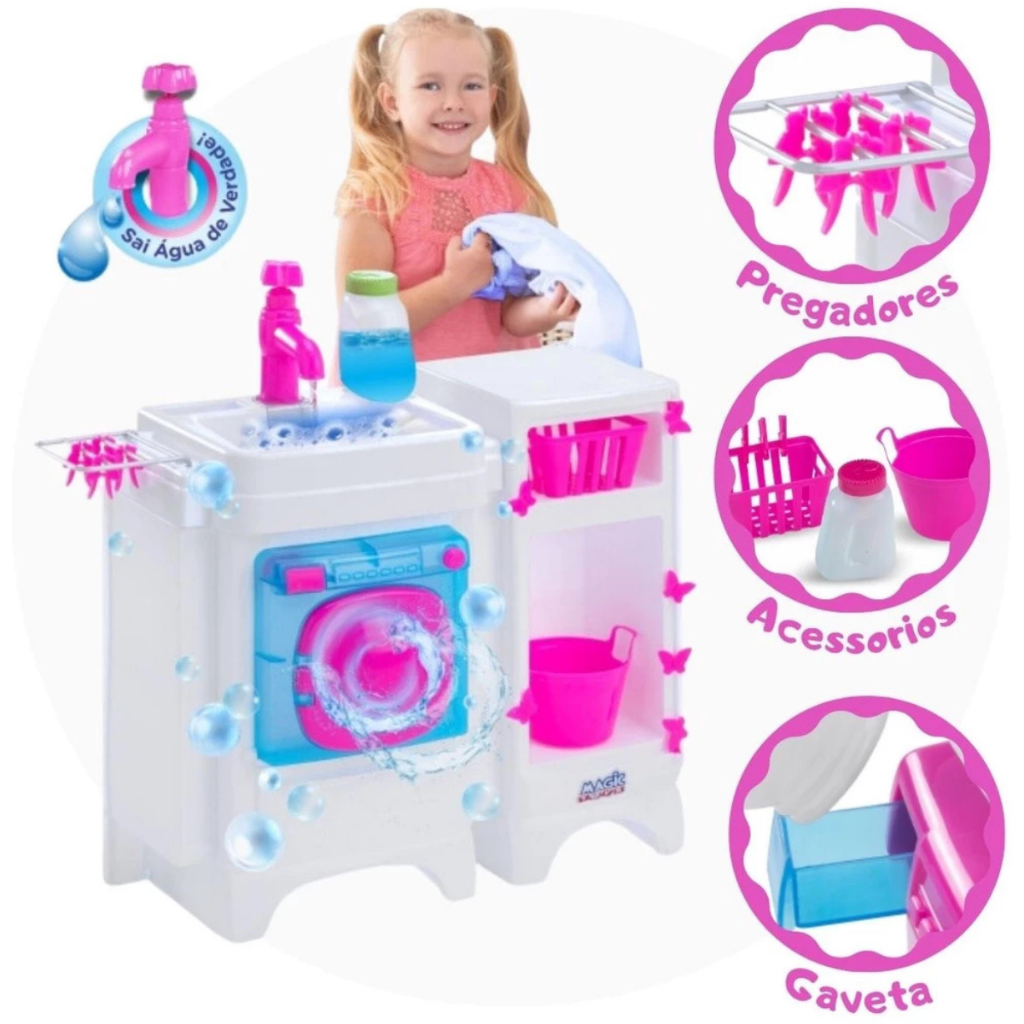 Brinquedo Lavanderia Infantil Lava-Lava Sai Água De Verdade com Acessórios - Magic Toys 8038