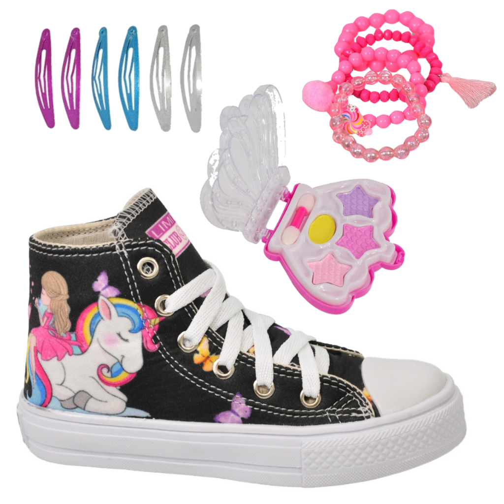 Tênis Botinha Infantil Feminina Cano Alto Unicórnio Sereia+ Paleta Pulseira TicTac