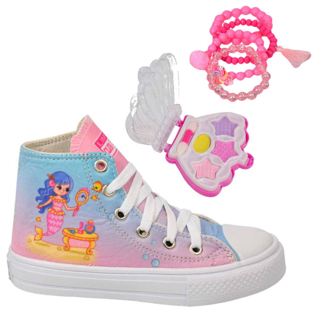 Tênis Botinha Infantil Feminina Cano Alto Unicórnio Sereia+ Paleta Pulseira