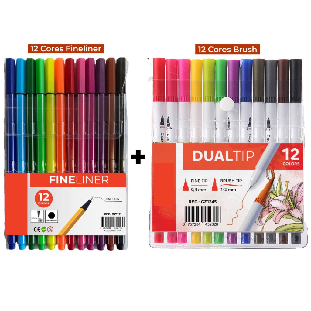 Kit Canetas Coloridas Ponta Fina 12 Cores + 12 Cores Dual Brush/Fineliner em Oferta na Shopee