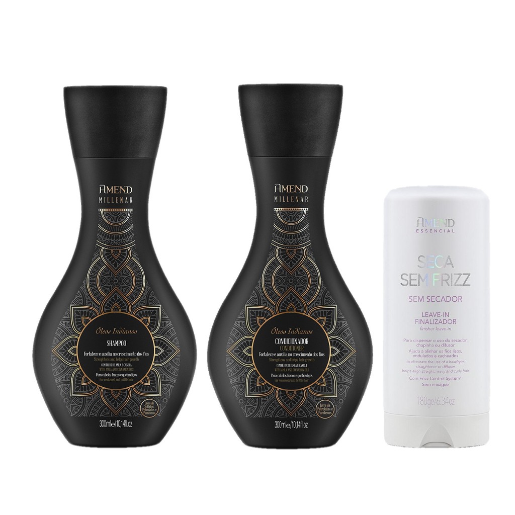 Amend KIT Millenar Óleos Indianos Shampoo e Condicionador 300ml + Seca Sem Frizz 180ml
